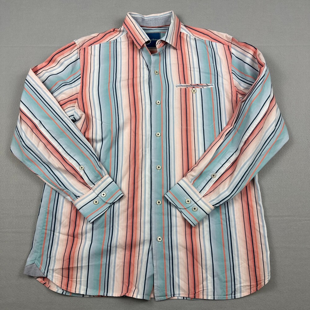 Tommy Bahama Shirt Men Medium Blue Pink Stripe Button Up Long Sleeve Cotton Silk